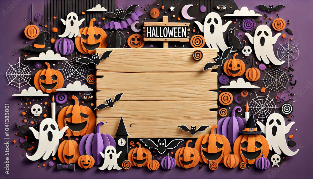 Fototapeta premium Halloween-Themed Background with Pumpkins, Ghosts, Bats, and Wooden Sign.