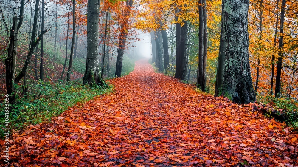 Naklejka premium Foggy Autumn Path with Colorful Leaves in Forest