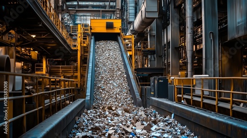 Industrial Paper Recycling Process with Conveyor System in a Factory