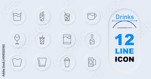 Drinks set icon. Mixed drinks, wine glass, milkshake cup, soda cup, bottle, beer mug, cocktail glass, tumbler, whiskey glass, cup, drink container.
