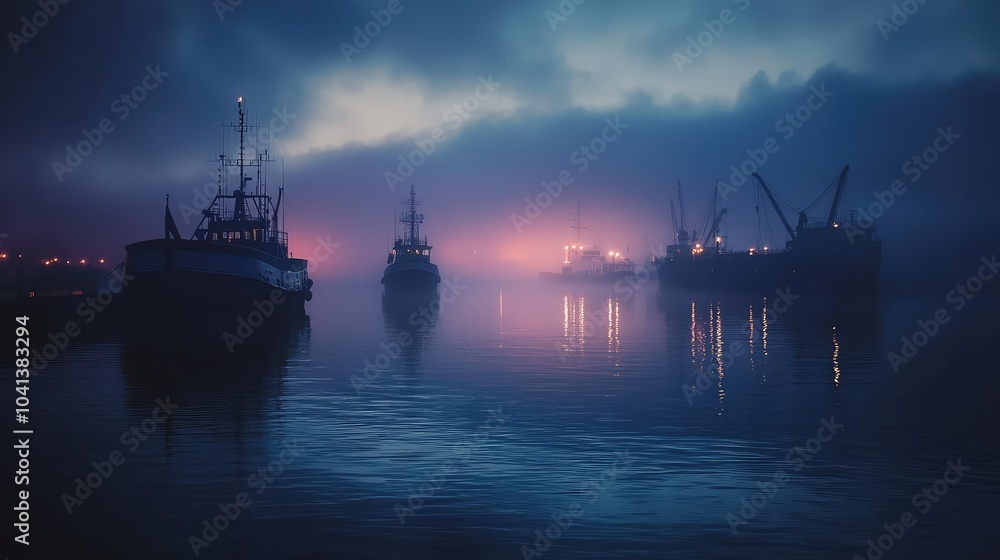 Fototapeta premium Foggy Harbor at Dusk with Ship Silhouettes