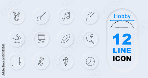 Hobby set icon. Medal, paintbrush, music note, feather, flexed arm, easel, football, ping pong paddle, coffee mug, kite, kayak, clock