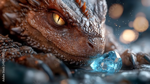 Wallpaper Mural Majestic dragon curled around a glowing sparkling blue crystal its reflective scales shimmering with captivating ethereal light  A fantastical mystical digital Torontodigital.ca