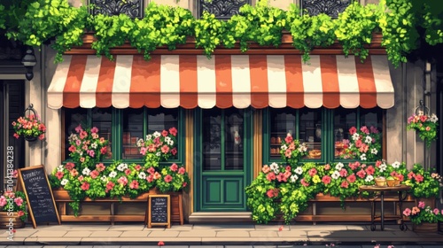Charming Bakery Exterior with Vibrant Flowers