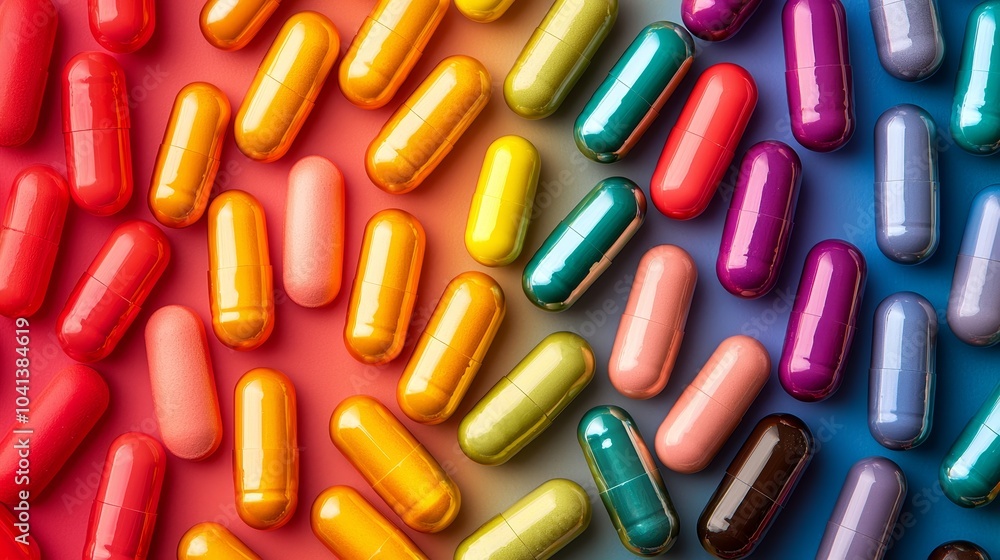 An overhead shot of multicolored capsules and tablets arranged in a gradient pattern, creating a visually stunning, bright palette on a plain background An overhead shot of multicolored capsules and tablets arranged in a gradient pattern, creating a visually stunning, bright palette on a plain background