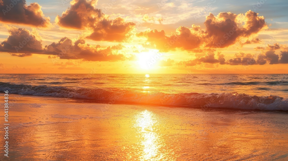 Naklejka premium Golden Sunset Over the Ocean with Sun Reflection