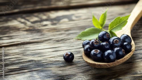 Close-up of bilberries on a wooden spoon suggesting a rustic nutrition theme with space for text or logos photo