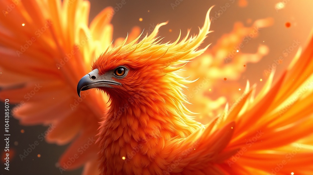 Obraz premium A majestic fiery bird with vibrant orange feathers soaring gracefully against a warm, glowing background, symbolizing power and rebirth in an enchanting fantasy realm
