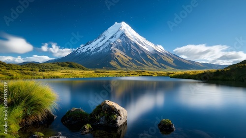 Majestic snow capped mountain peak shimmering under a deep blue aurora with twinkling sparkles in the enchanting night sky  A breathtaking and natural landscape scene