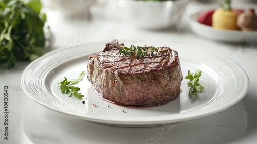 Gourmet Steak on Pristine White Plate with Herbs