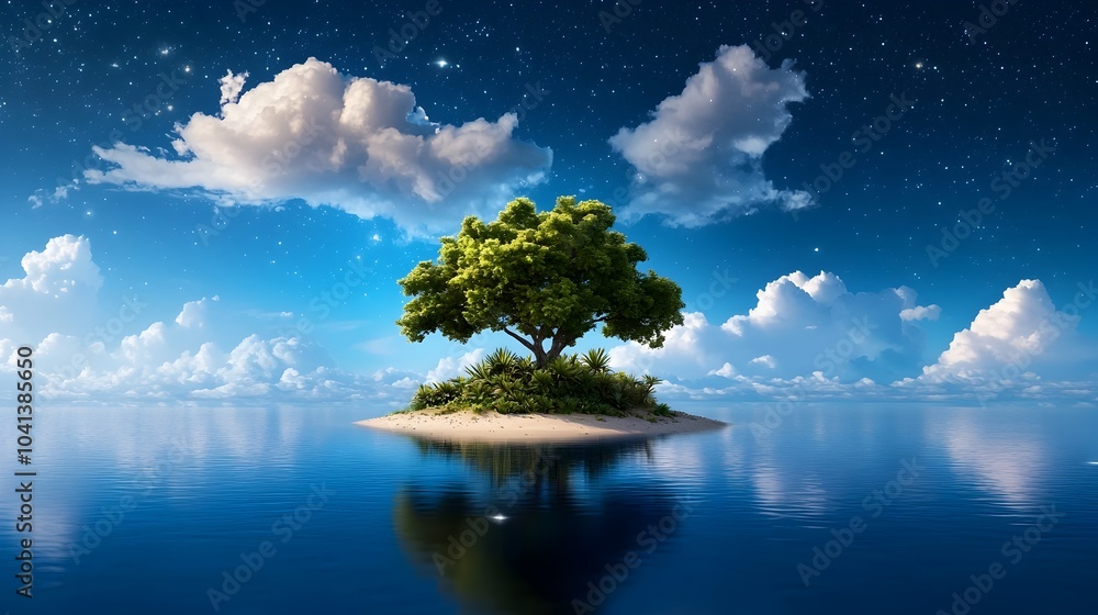 Fototapeta premium Mystical floating island bathed in captivating blue lights with swirling sparkles and an ethereal dreamlike atmosphere A serene otherworldly landscape evoking a sense of wonder and imagination