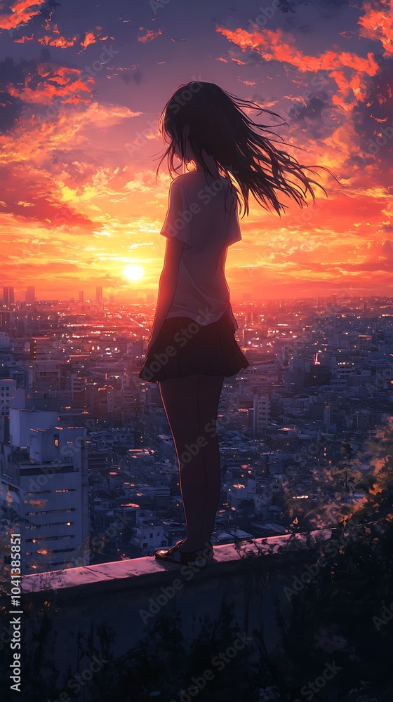 Fototapeta premium A quiet anime girl standing on a rooftop at sunset, her hair and clothes flowing in the wind, the city sprawling beneath her, the sky glowing with warm oranges and purples,