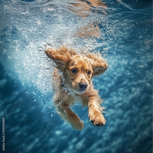 A dog puppy diving in blue water 