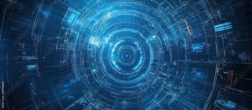 Abstract blue and orange digital tunnel with concentric circles and glowing light. Abstract blue and orange digital tunnel with concentric circles and glowing light.