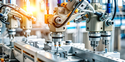 Macro Close Up AI Powered Assembly Line Components Intricate Details Advanced Technology Modern Manufacturing Processes Ample Copy Space Photo Stock Concept