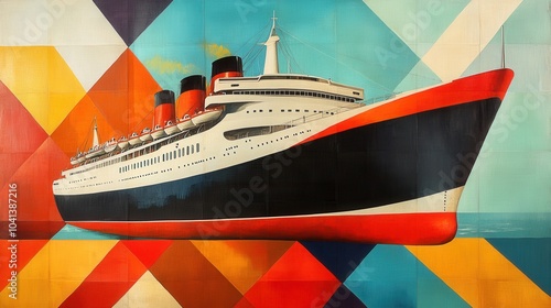 Vintage Ocean Liner Art with Bold Geometric Background