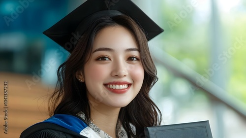 Portrait of a Smiling Graduate Student in Graduation Attire Proudly Holding Their Diploma in Front of the Steps of a University Campus Celebrating an Academic Achievement photo