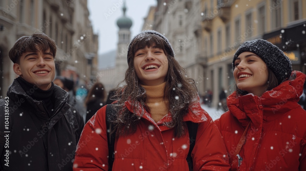 European City Adventure,Joyful Winter Getaway.Concept of friendship, travel adventure, exploring new places, winter getaway, European travel, city sightseeing. European City Adventure,Joyful Winter Getaway.Concept of friendship, travel adventure, exploring new places, winter getaway, European travel, city sightseeing.