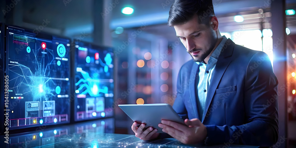 IT Specialist Managing Holographic Network Interface Digital Tablet High Tech Workspace Ample Copy Space Network Monitoring Innovative Technology Photo Stock Concept IT Specialist Managing Holographic Network Interface Digital Tablet High Tech Workspace Ample Copy Space Network Monitoring Innovative Technology Photo Stock Concept