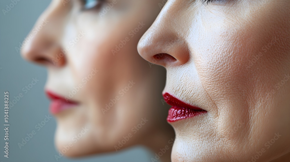 Obraz premium Close-up comparison of facial skin before and after a facelift, showing the reduction of sagging, wrinkles, and a firmer, more youthful skin tone