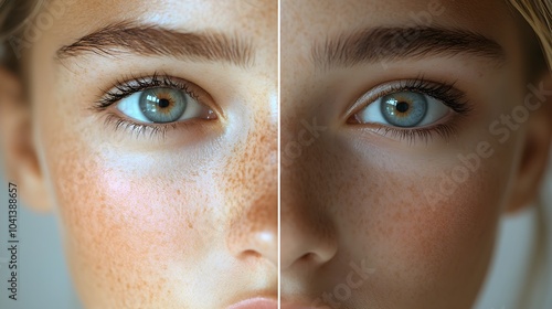 Side-by-side close-up of eyes and mouth, showcasing facelift improvements with tighter, smoother skin, clear contrast between before-and-after, Hyper-Realistic, Soft Focus photo