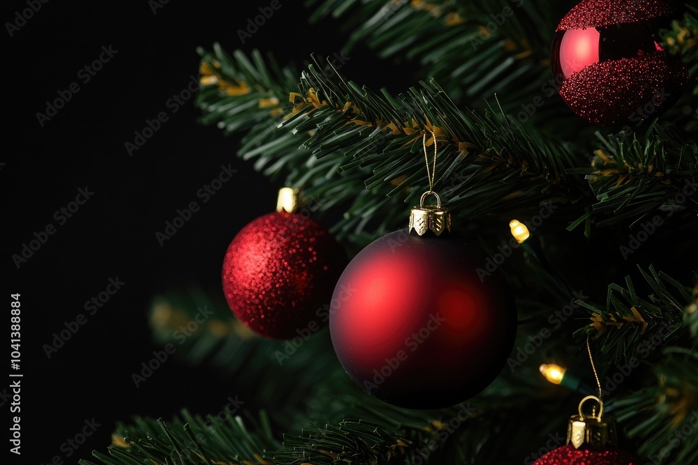 Fototapeta premium Closeup of Red Christmas Ornaments on a Green Tree Branch