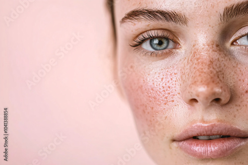 Closeup girl face with red pimples, inflammation on face and problem skin. Acne rosacea and couperose therapy. Facial treatment skincare routine and hygiene Cosmetic and beauty banner with copy space