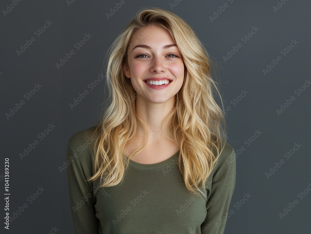 Portrait of a Smiling Blonde Woman on Neutral Background. Generative AI.