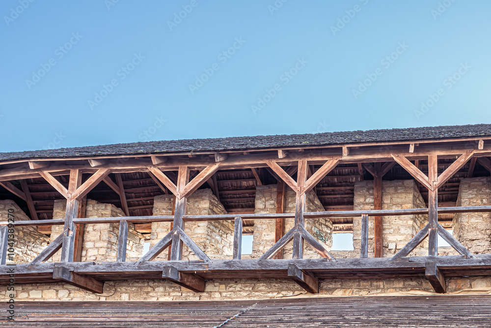 Obraz premium Fortress in Kamianets Podilskyi. Ukrainian history. Tourism in Ukraine. Historical buildings. Medieval castle. Inner courtyard of a fortified settlement. Landmarks of Ukraine. Seven Wonders of Ukraine