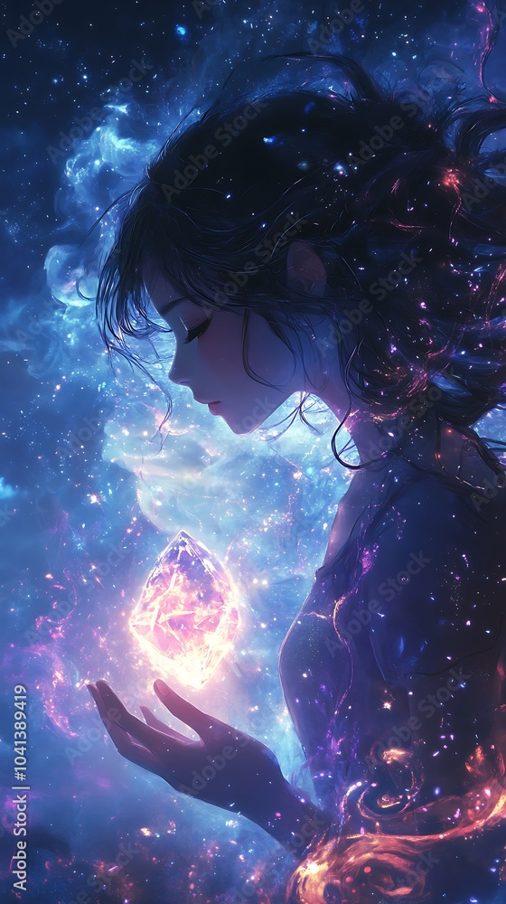 Obraz premium Anime girl holding a floating, glowing crystal, with a magical aura encircling her, her hair gently flowing in the wind, vibrant blue and purple hues lighting up the scene,