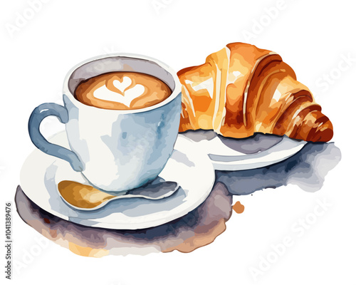 Hand drawn watercolor painting of a mug latte macchiato with croissant by hand.  Food collection vector illustration for background, menu, print, poster and over