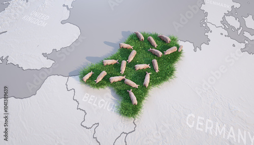 Konstfotografi Netherlands porcine industry. Pigs outdoors, map. 3d render.
