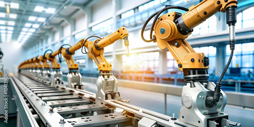 Glossy Robotic Arm Operating AI Assisted Assembly Line in Modern Factory Real Time Data Performance Metrics Ample Copy Space Photo Stock Concept Efficiency Technology Industry