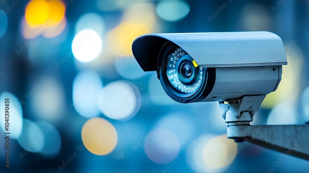 Security Camera with Blurry Lights in Background Security Camera with Blurry Lights in Background