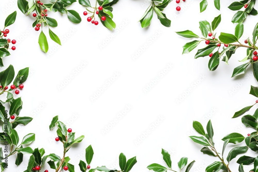 Green Holly Branches with Red Berries Forming a Frame on White Background Green Holly Branches with Red Berries Forming a Frame on White Background