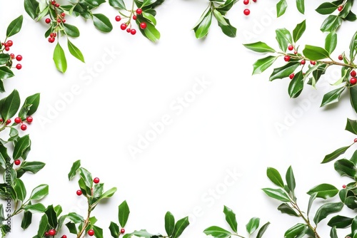 Green Holly Branches with Red Berries Forming a Frame on White Background