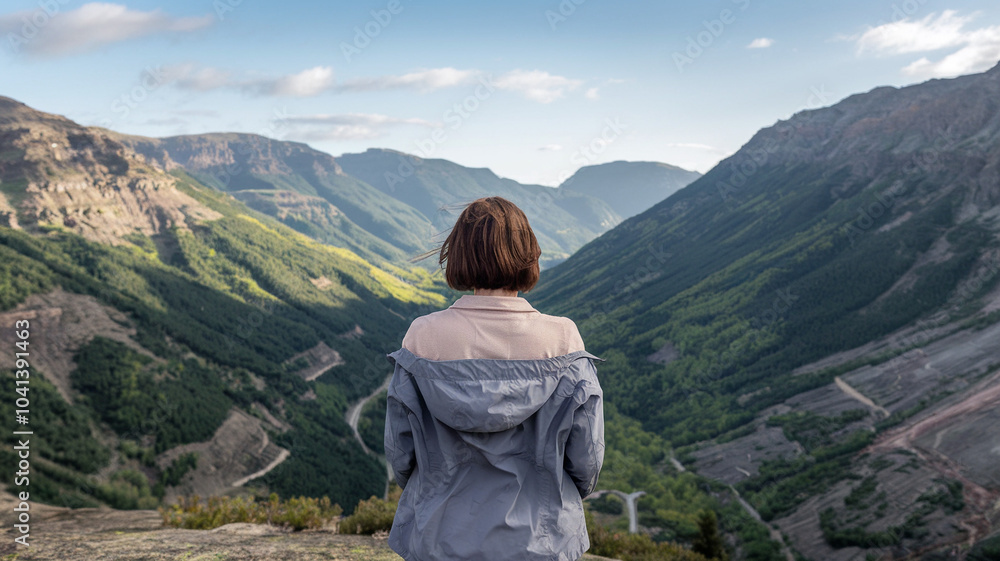 Naklejka premium Woman Gazes at Mountainous Landscape From Peak