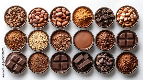 Assortment of gourmet chocolate ingredients and confectionery cocoa powder,nuts,spices,and melted chocolate,arranged in a variety of bowls on a table or surface.