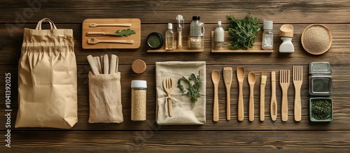 Zero waste kitchen utensils, containers, and bags made of bamboo and paper on a wooden background. photo