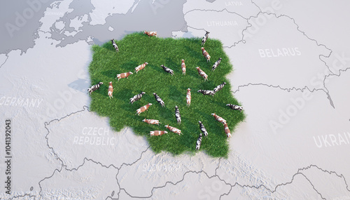 Cattle industry in Poland. Map with cows on green grass. 3d render.