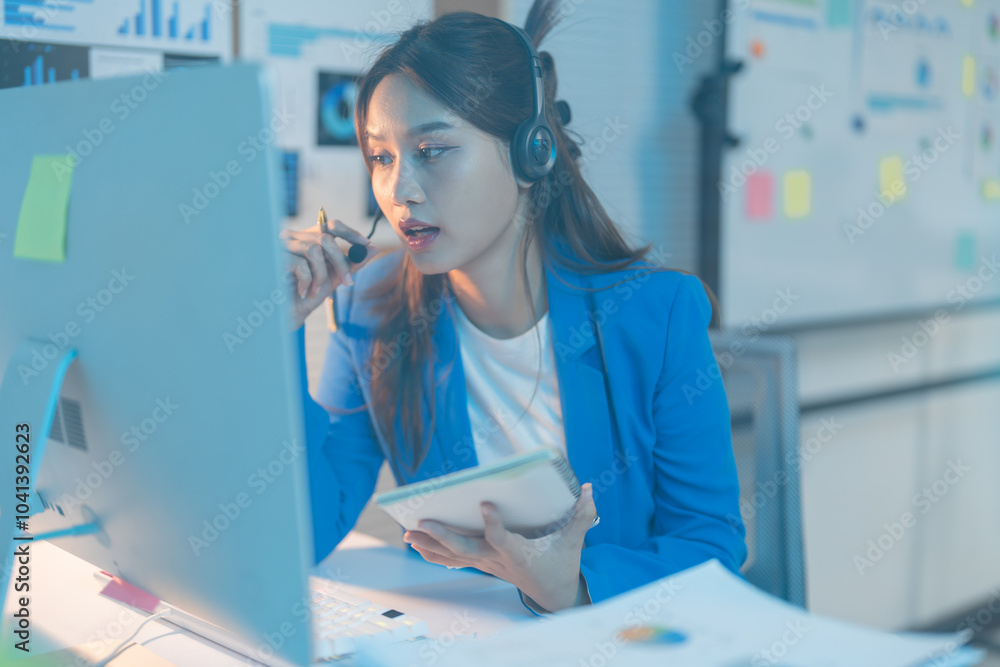 Businesswoman works late in her office, focused on her job surrounded by technology, taking notes and communicating Businesswoman works late in her office, focused on her job surrounded by technology, taking notes and communicating