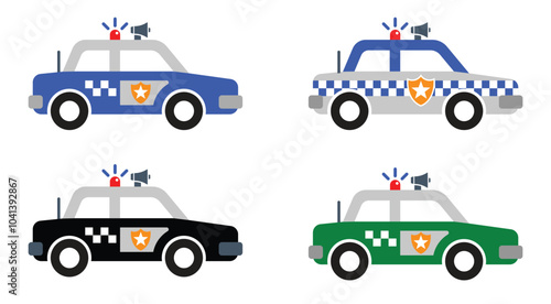various simple police car silhouette side view icon set blue black green white transparent background