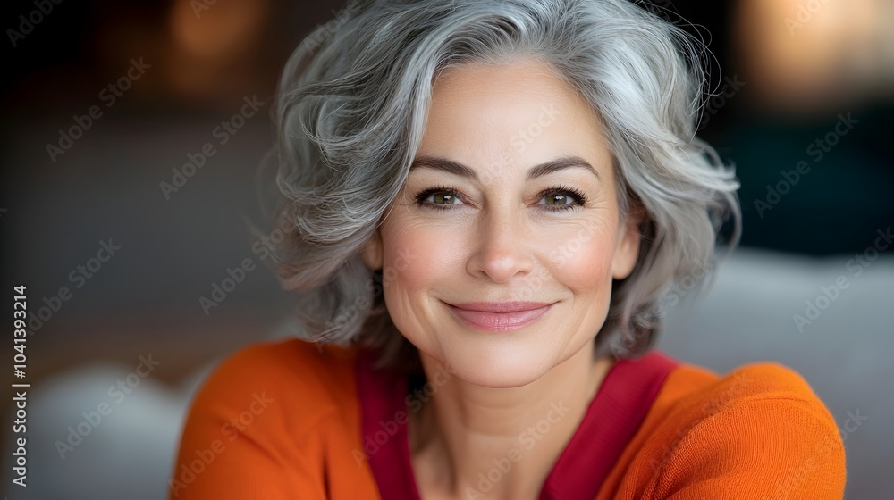 Elegant and serene mature woman in her 50s relaxing comfortably on a soft inviting sofa in a cozy warm living room setting with a peaceful inviting atmosphere Elegant and serene mature woman in her 50s relaxing comfortably on a soft inviting sofa in a cozy warm living room setting with a peaceful inviting atmosphere