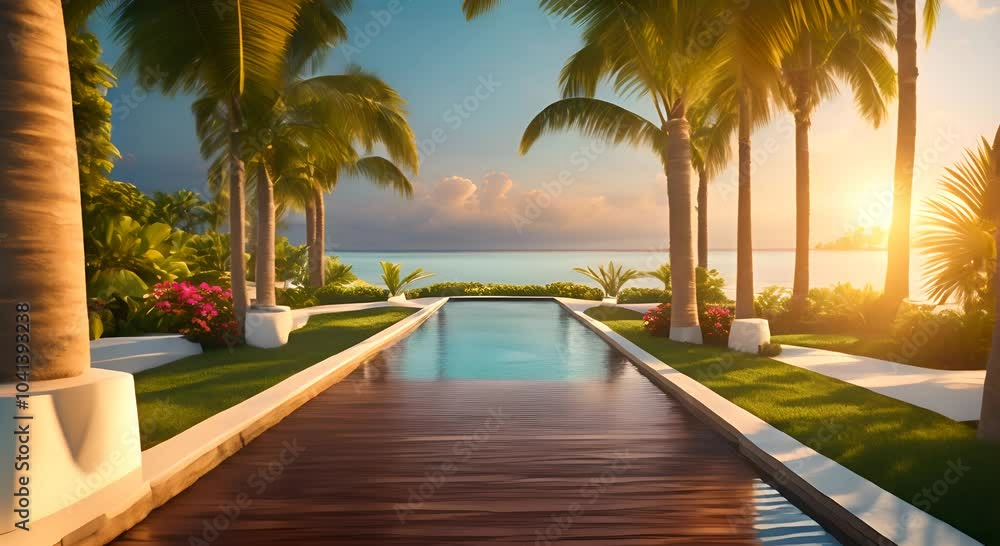 Tropical Paradise Walkway to Sunset Over Pool in Lush Palm Grove 4K Tropical Paradise Walkway to Sunset Over Pool in Lush Palm Grove 4K