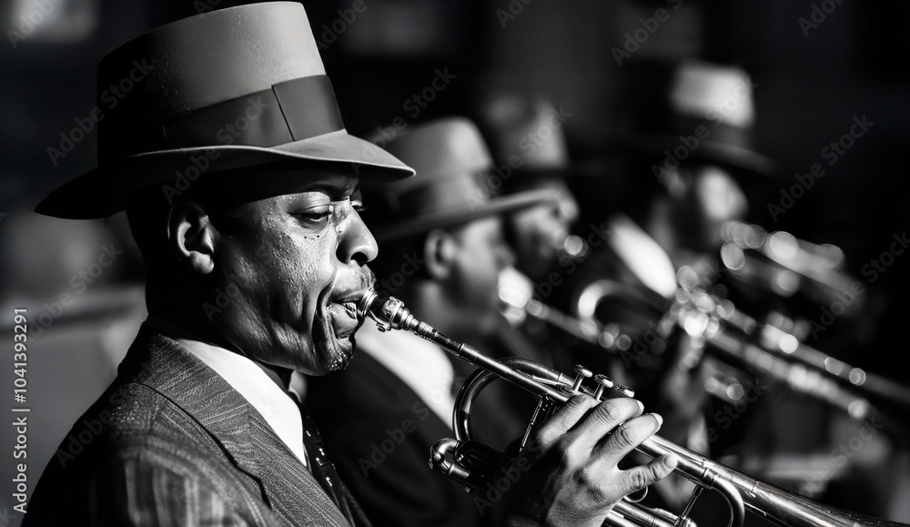 Obraz premium Jazz Trumpet Solo: A black and white photograph capturing the raw emotion and intensity of a jazz musician lost in the musical moment, the focus on the trumpet player's face, the trumpet, and the hat.