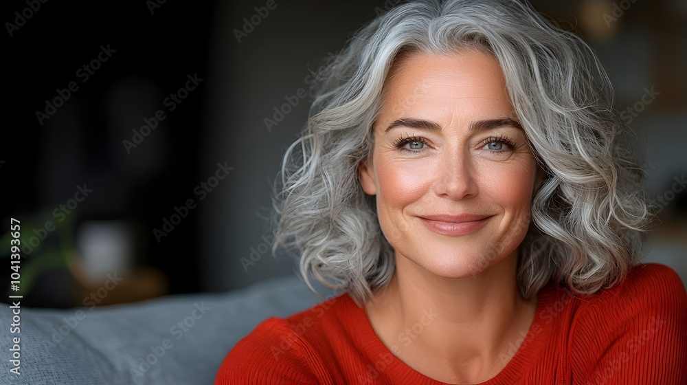 Fototapeta premium Warm and friendly smiling middle aged woman with gray curly hair sitting comfortably on a cozy sofa in her home looking relaxed and content