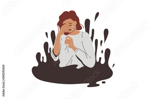 Upset woman cries and wipes tears with hand, being in viscous liquid symbolizing problems and difficulties. Hysteria and panic in girl drowning in difficulties caused by apathy or lack goals in life