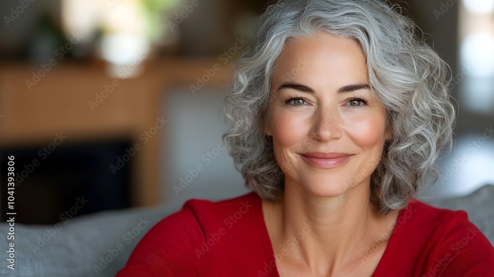 Smiling senior woman with curly gray hair sitting on a soft cozy couch and looking warmly at the in a comfortable homely interior setting Smiling senior woman with curly gray hair sitting on a soft cozy couch and looking warmly at the in a comfortable homely interior setting