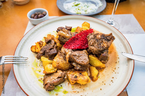 Lamb Tsigaristo, traditional cretan cuisine, stewed lamb piece with fried potato on plate. photo