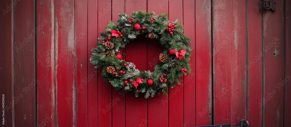 A traditional Christmas wreath with red berries and pine cones hangs on a red wooden door. A traditional Christmas wreath with red berries and pine cones hangs on a red wooden door.